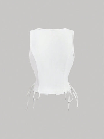 MOD Retro Vintage Clothes Crossed Frenulum Drawstring Side Crop Tank Top