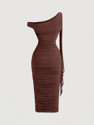 MOD Women's Elegant Asymmetric Neck Ruched Fitted Mid-Length Dress
