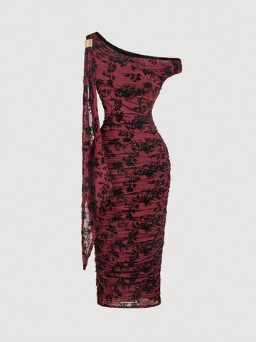 MOD Mid-Length Women's Solid Color Asymmetric Neck Ruched Dress