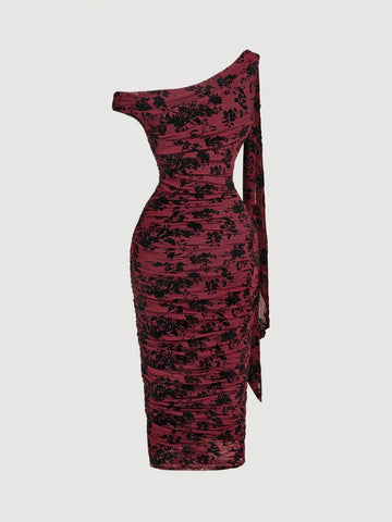 MOD Mid-Length Women's Solid Color Asymmetric Neck Ruched Dress