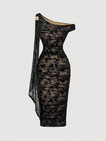 MOD Mid-Length Women's Solid Color Asymmetric Neck Ruched Dress