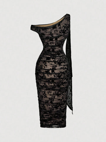 MOD Mid-Length Women's Solid Color Asymmetric Neck Ruched Dress