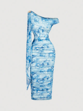 Women's Elegant Asymmetric Neck Ruched Fitted Mid-Length Dress