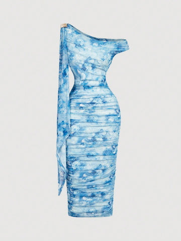 Women's Elegant Asymmetric Neck Ruched Fitted Mid-Length Dress