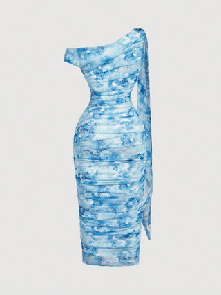 Women's Elegant Asymmetric Neck Ruched Fitted Mid-Length Dress