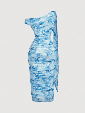 Women's Elegant Asymmetric Neck Ruched Fitted Mid-Length Dress