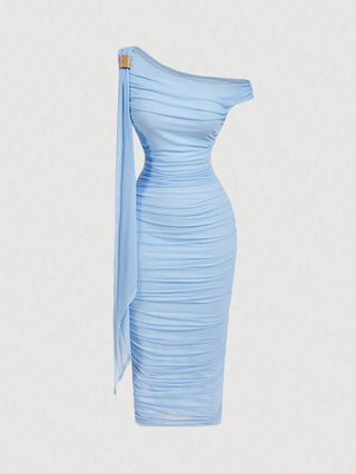 Women's Elegant Asymmetric Neck Ruched Fitted Mid-Length Dress