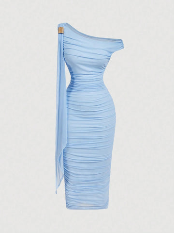 MOD Women's Solid Color Asymmetric Neck Ruched Slim Fit Elegant Mid-Length Dress