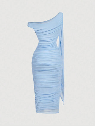 Women's Elegant Asymmetric Neck Ruched Fitted Mid-Length Dress