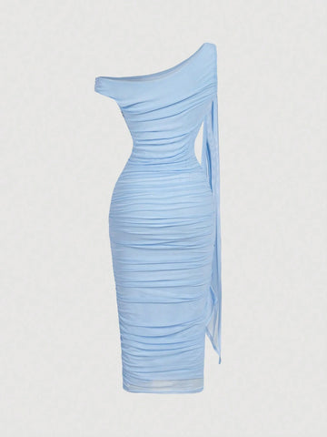 MOD Women's Elegant Asymmetric Neck Ruched Fitted Mid-Length Dress