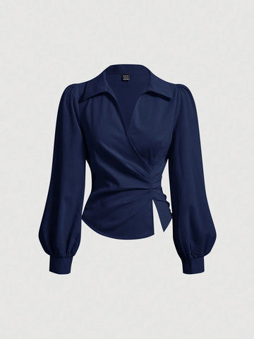 MOD Women's V Neck Wrap Front Blouse With Lantern Sleeve