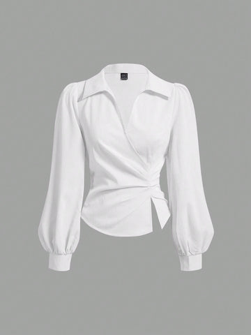 MOD Women's V Neck Wrap Front Blouse With Lantern Sleeve