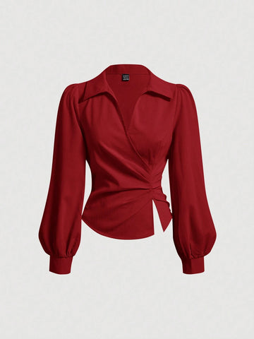 MOD Women's V Neck Wrap Front Blouse With Lantern Sleeve