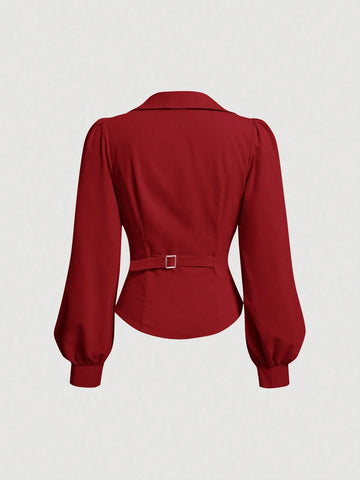 MOD Women's V Neck Wrap Front Blouse With Lantern Sleeve