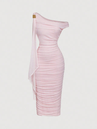 Women's Elegant Asymmetric Neck Ruched Fitted Mid-Length Dress