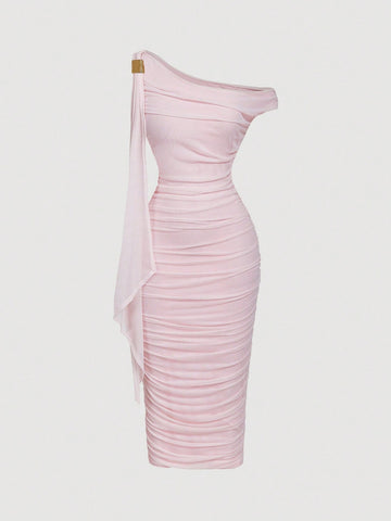 MOD Women's Elegant Asymmetric Neck Ruched Fitted Mid-Length Dress
