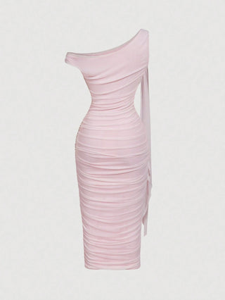 Women's Elegant Asymmetric Neck Ruched Fitted Mid-Length Dress