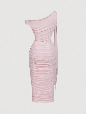 MOD Women's Elegant Asymmetric Neck Ruched Fitted Mid-Length Dress