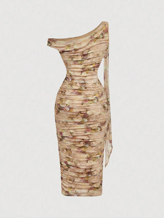 Women's Elegant Asymmetric Neck Ruched Fitted Mid-Length Dress
