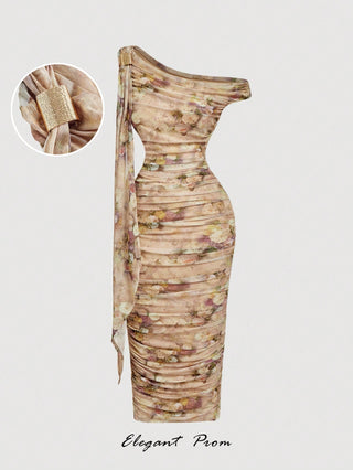 Women's Elegant Asymmetric Neck Ruched Fitted Mid-Length Dress