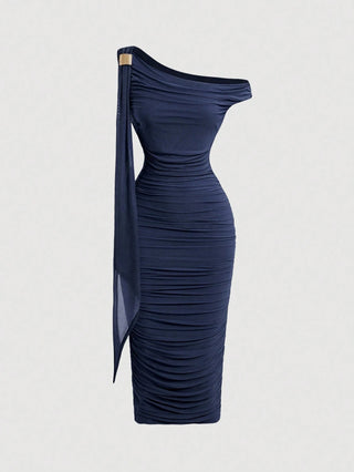 Women's Elegant Asymmetric Neck Ruched Fitted Mid-Length Dress