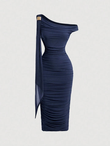 MOD Women's Solid Color Asymmetric Neck Ruched Slim Fit Elegant Mid-Length Dress