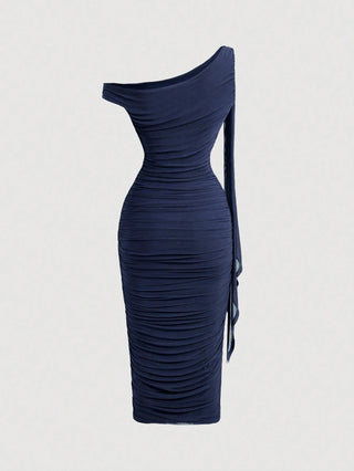 Women's Elegant Asymmetric Neck Ruched Fitted Mid-Length Dress