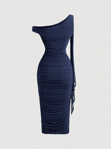 MOD Women's Elegant Asymmetric Neck Ruched Fitted Mid-Length Dress