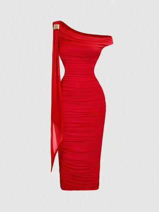 Women's Elegant Asymmetric Neck Ruched Fitted Mid-Length Dress