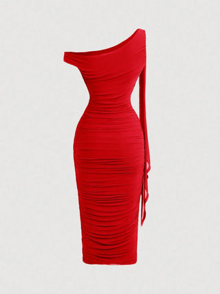 Women's Elegant Asymmetric Neck Ruched Fitted Mid-Length Dress