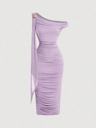 Women's Elegant Asymmetric Neck Ruched Fitted Mid-Length Dress
