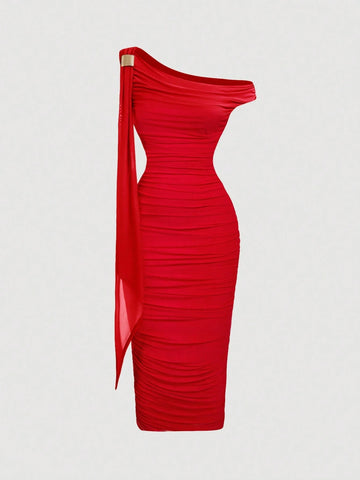 MOD Women's Solid Color Asymmetric Neck Ruched Slim Fit Elegant Mid-Length Dress