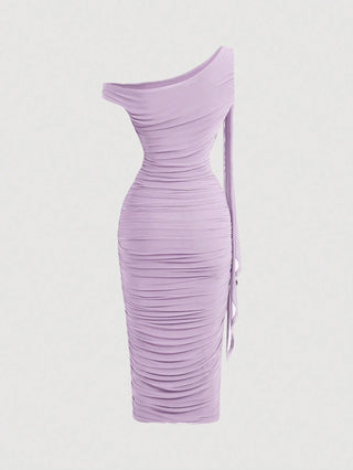 Women's Elegant Asymmetric Neck Ruched Fitted Mid-Length Dress