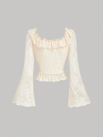 MOD Women's Lace Texture Flared Sleeve Ruffle Trim Square Neck Slim Fit Tie Waist T-Shirt