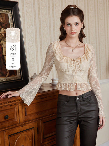 MOD Women's Lace Texture Flared Sleeve Ruffle Trim Square Neck Slim Fit Tie Waist T-Shirt