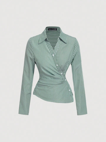 Women's Striped Turndown Collar Fold-Over Long Sleeve