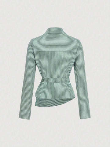 Women's Striped Turndown Collar Fold-Over Long Sleeve