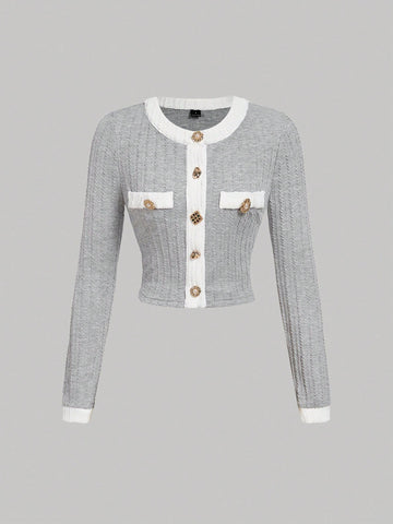 Round Neck Metal Button Bell Sleeve T-Shirt