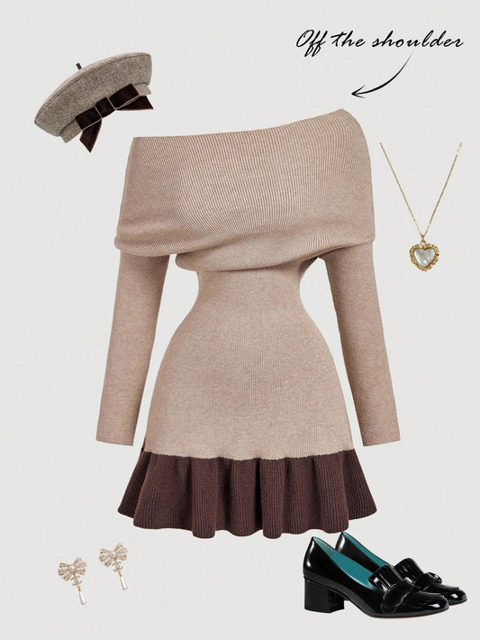 MOD Women's Khaki Off Shoulder Knitted Dress, Off The Shoulder Sweater Dress