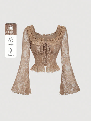 MOD Women's Lace Texture Flared Sleeve Ruffle Trim Square Neck Slim Fit Tie Waist T-Shirt
