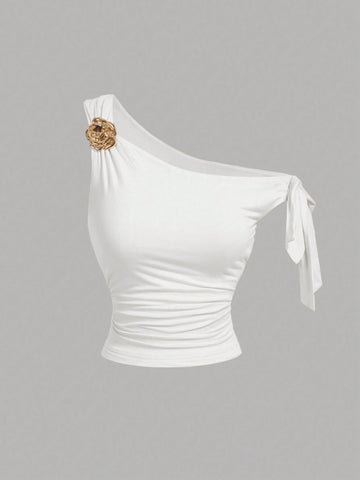 MOD Women's Asymmetric Neck Metal Floral Decor Top