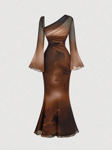 MOD Asymmetric Shoulder Flare Sleeve Brown Bow Metal Buckle Mermaid Dress