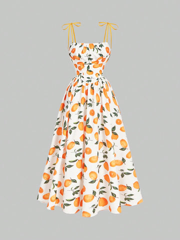 MOD Women Apricot Background Black Silhouette Flower Print Cami Dress