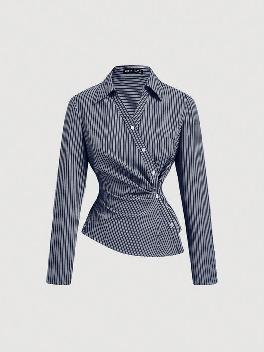 Striped Turndown Collar Fold-Over Long Sleeve Top