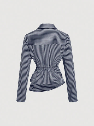 Striped Turndown Collar Fold-Over Long Sleeve Top