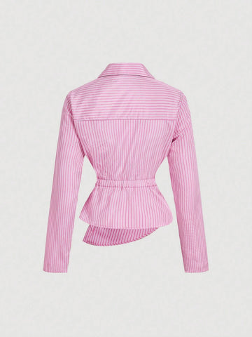 Striped Turndown Collar Fold-Over Long Sleeve Top