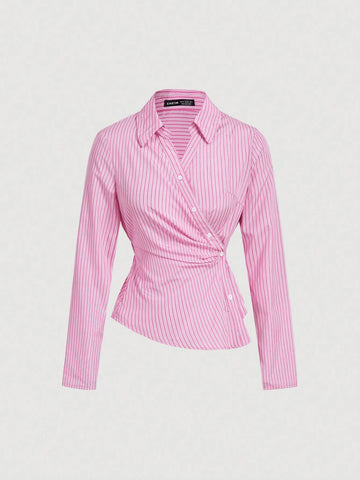 Striped Turndown Collar Fold-Over Long Sleeve Top