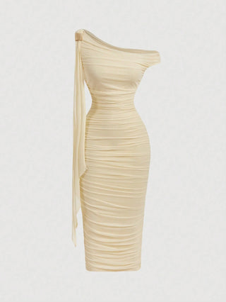 Women's Elegant Asymmetric Neck Ruched Fitted Mid-Length Dress