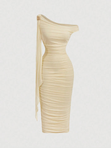 MOD Women's Solid Color Asymmetric Neck Ruched Slim Fit Elegant Mid-Length Dress