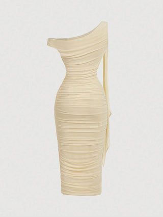 Women's Elegant Asymmetric Neck Ruched Fitted Mid-Length Dress